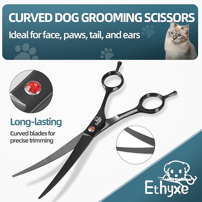 7.0" Professional Dog Grooming Scissors Kit – 3-Piece Set with Straight, Curved &amp; Thinning Shears, Black Japanese Stainless Steel, Includes Grooming Comb for Dogs &amp; Cats