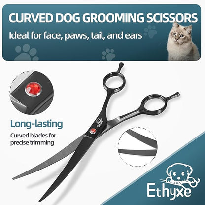 7.0" Professional Dog Grooming Scissors Kit – 3-Piece Set with Straight, Curved &amp; Thinning Shears, Black Japanese Stainless Steel, Includes Grooming Comb for Dogs &amp; Cats