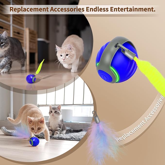 Speedy Tail 2.0 Interactive Cat Toy – Smart Self-Rolling Cat Ball with Feather Tail, Automatic Moving Motorized Toy for Indoor Cats, Chasing &amp; Hunting Fun (Blue)