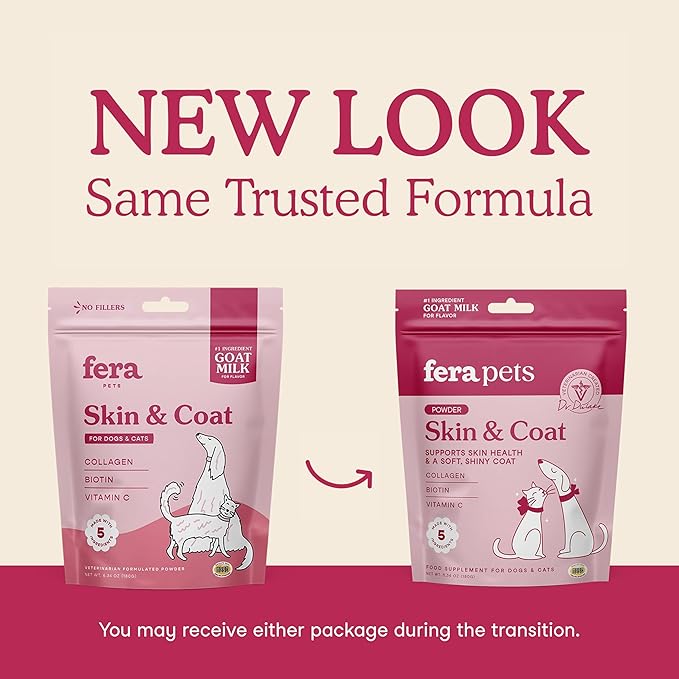 Fera Pets Goat Milk Topper - Cat &amp; Dog Skin and Coat Supplement with Collagen, Biotin &amp; Vitamin C - Helps Maintain Normal Skin Moisture - Promotes a Shiny Coat - for Picky Eaters - 60 TSP