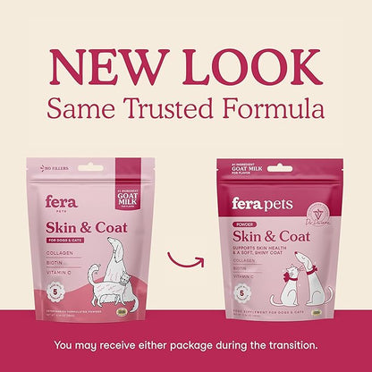 Fera Pets Goat Milk Topper - Cat &amp; Dog Skin and Coat Supplement with Collagen, Biotin &amp; Vitamin C - Helps Maintain Normal Skin Moisture - Promotes a Shiny Coat - for Picky Eaters - 60 TSP