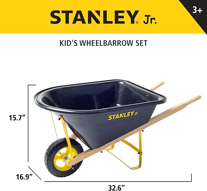 Stanley Jr. Kids Wheelbarrow Set – 6-Piece Durable Toddler Wheelbarrow &amp; Garden Tools – Child Outdoor Toy for Ages 3+ – Fun, Educational Backyard Play with Apron, Gloves &amp; Tools