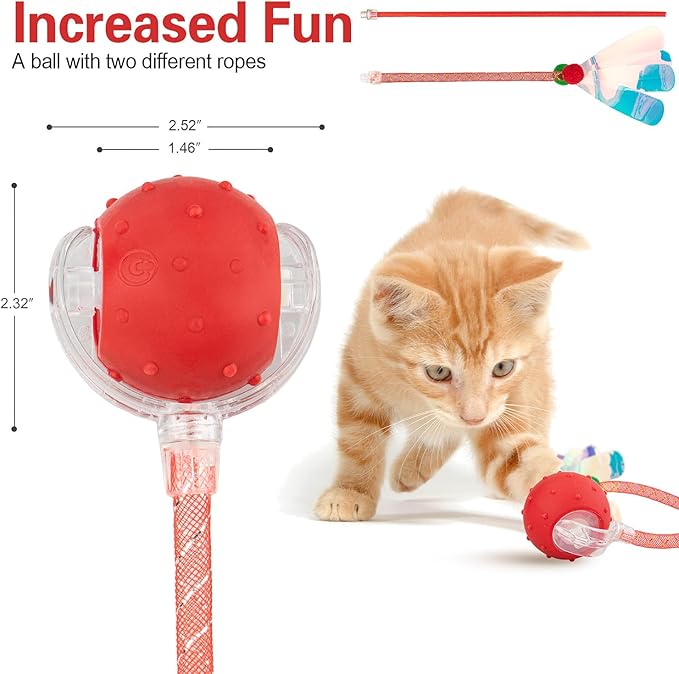 Interactive Cat Toys Ball for Indoor Cats, Automatic Agile Rolling Cat Ball with Elastic Mesh Tail, Bird Chirping &amp; Motion Activated, 2 Tail Accessories, Kitten Toy for Bored (Red)