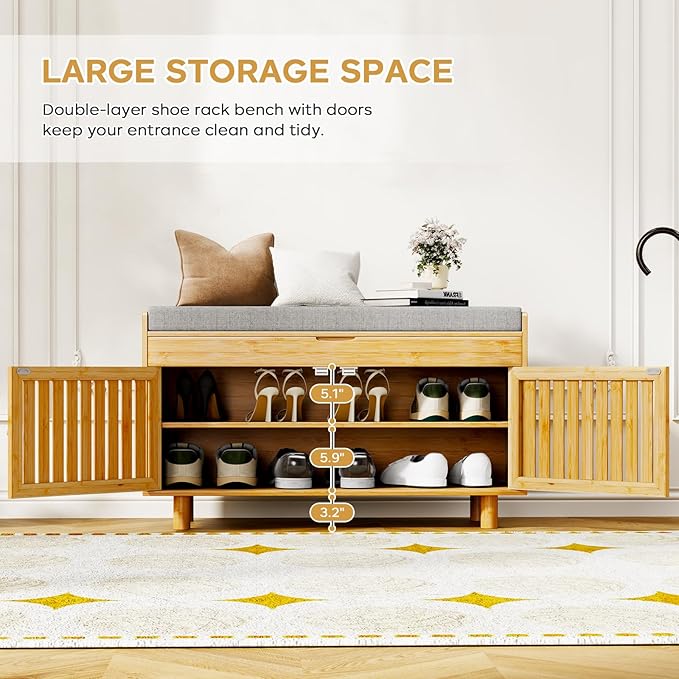 Shoe Storage Bench, Bamboo Entryway Bench with 2 Doors &amp; Padded Seat Cushion, 35.4" W x 12.6" D x 19.7" H, 2-Tier Shoe Rack with Lift Top Hidden Storage, for Entryway, Living Room, Bedroom, Natural