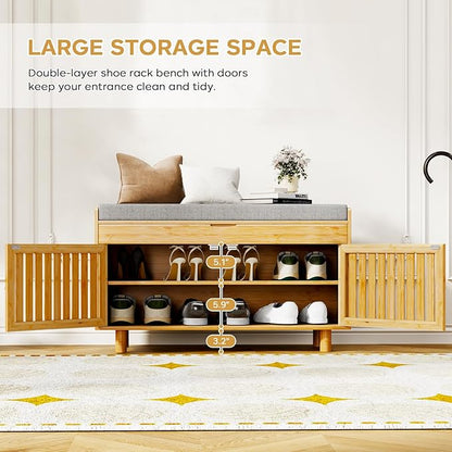 Shoe Storage Bench, Bamboo Entryway Bench with 2 Doors &amp; Padded Seat Cushion, 35.4" W x 12.6" D x 19.7" H, 2-Tier Shoe Rack with Lift Top Hidden Storage, for Entryway, Living Room, Bedroom, Natural