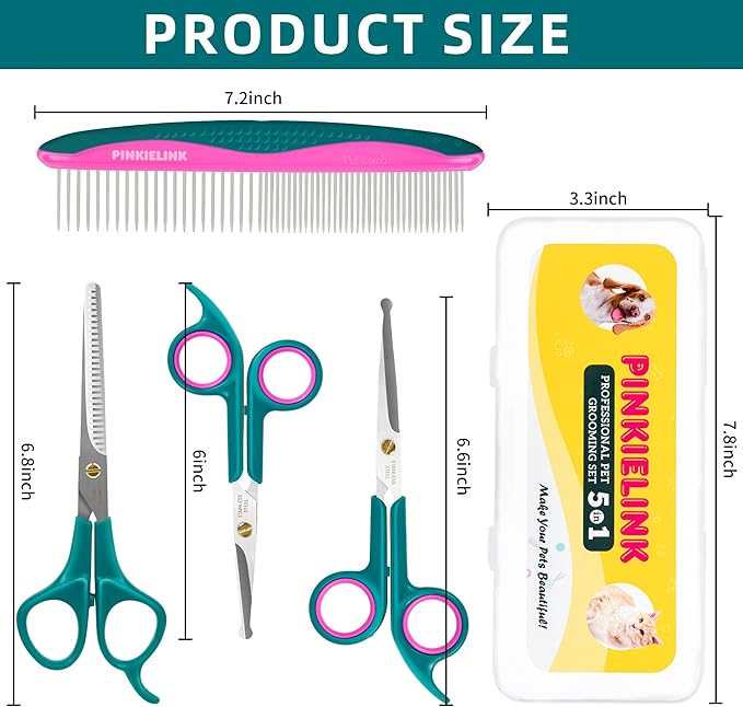 Professional 5 in 1 Pet Grooming Kit - Stainless Steel Dog &amp; Cat Grooming Scissors with Rounded Tip Blades for Safe Fur Trimming, Thinning Shears, Straight Scissors, and Pet Comb (Green 5 in 1)