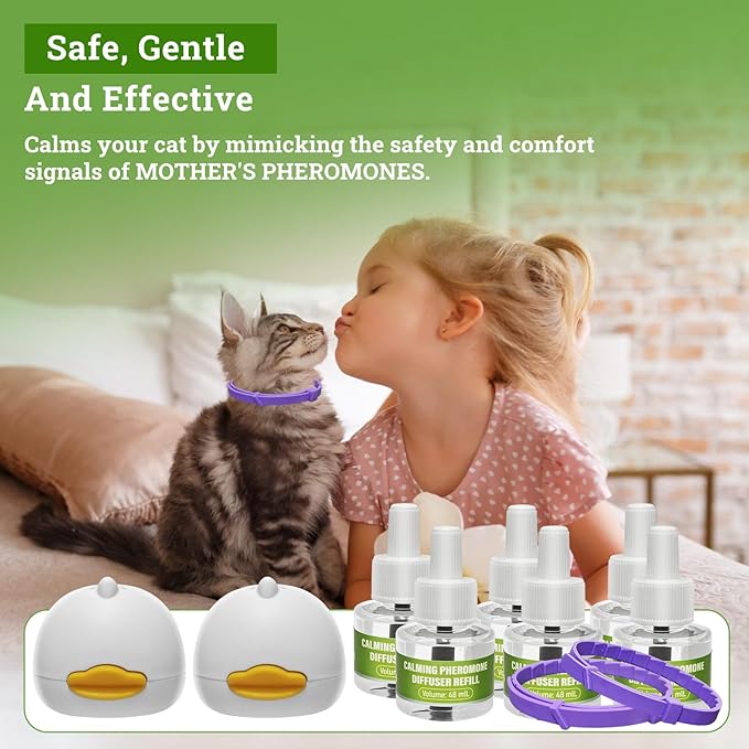 2 Diffusers&amp; 6 Refills +2pcs Calming Collar Cat Calming Diffuser, Plug in Diffuser Cat Pheromone Calming Diffuser Starter Kit Helps Ruduce Anxious, Anti-Stress &amp; Comforts Cats