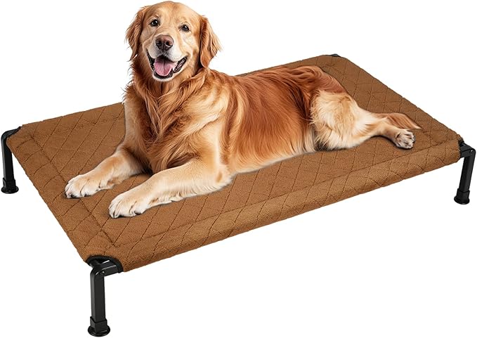 Veehoo Soft Plush Elevated Dog Bed, Raised Dog Beds with Heavy Duty Frame, Non-Slip Silicon Feet, Washable &amp; Breathable Pet Cot for Indoor or Outdoor Use, 47" x 29", Brown, CWC2432A