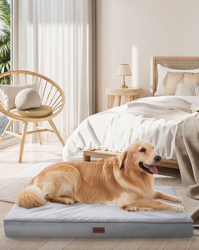 OhGeni Orthopedic Waterproof &amp; Machine Washable Dog Bed for Large Pets, Suitable for Crates, 25D Egg Crate Foam, Non-Slip Bottom &amp; Removable Cover, Sherpa Fabric, 41 Inches(Gray)