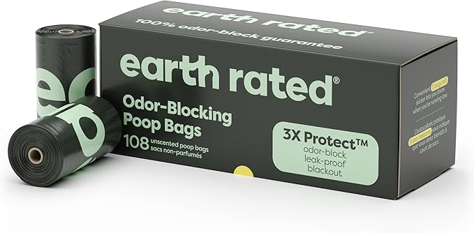 Earth Rated Odor-Blocking Poop Bags for Dogs with 3X Protect, Guaranteed to Block Smells &amp; Leak-Proof Performance, Conceals Smell &amp; Mess, Unscented, 108 Count
