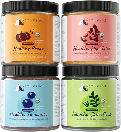 kin+kind Superfood Supplement Set for Dogs &amp; Cats - Boost Immunity, Promotes Healthy Skin &amp; Coat, Hip &amp; Joint, Healthy Digestion - Made in USA - Superset (4 x 8 oz)