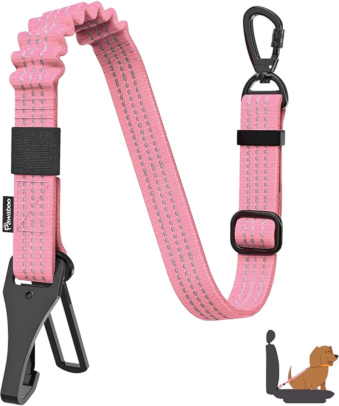 Pawaboo Dog Seatbelt for Car, 3-in-1 Dog Seat Belt Bungee, Shockproof Dogs Tether for Car with Buckle &amp; Hook Latch, Adjustable Reflective Dogs Cars Harness Leash with 360° Lockable Buckle, Pink