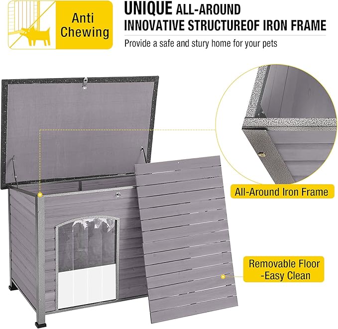 Aivituvin Large Dog House Outdoor Indoor Weatherproof Dog House for Small &amp; Medium &amp; Large Dogs with Unique All-Around Iron Frame＆Raised Feet（Grey）