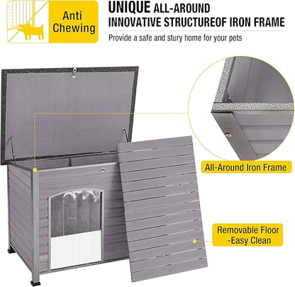 Aivituvin Large Dog House Outdoor Indoor Weatherproof Dog House for Small &amp; Medium &amp; Large Dogs with Unique All-Around Iron Frame＆Raised Feet（Grey）