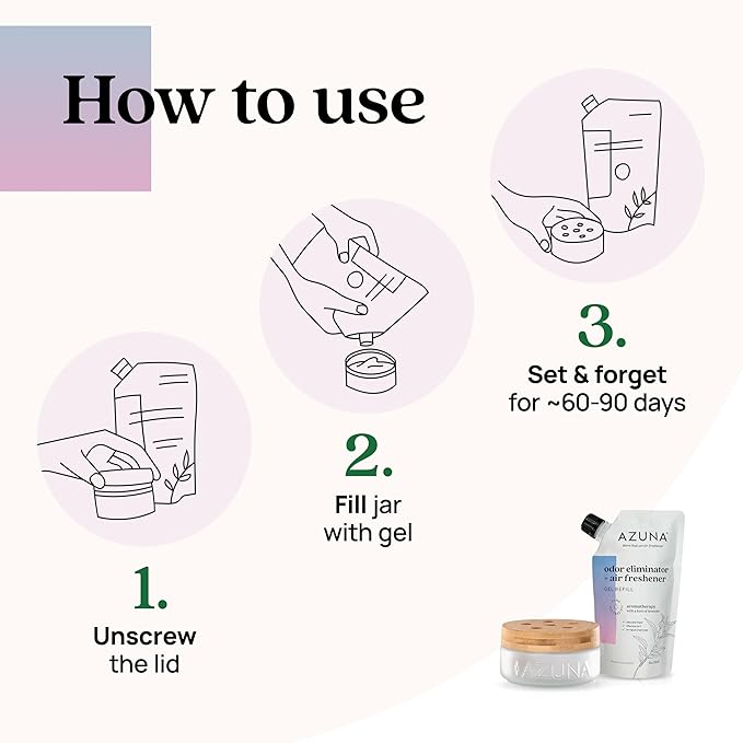 Azuna Air Freshener &amp; Odor Eliminator for Strong Odor | 1 Room Kit Includes (1) Empty Luxe Glass Jar &amp; 8oz Refill with Tea Tree Essential Oil Gel | Aromatherapy | Last 60-90 Days