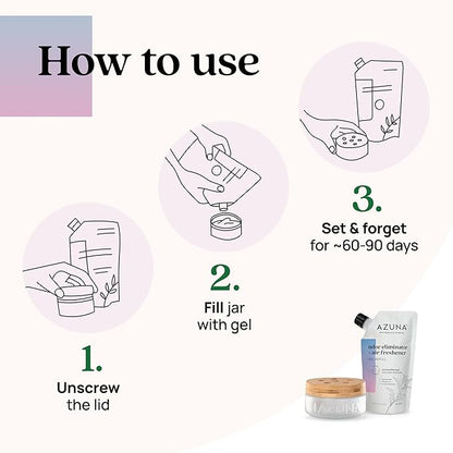 Azuna Air Freshener &amp; Odor Eliminator for Strong Odor | 1 Room Kit Includes (1) Empty Luxe Glass Jar &amp; 8oz Refill with Tea Tree Essential Oil Gel | Aromatherapy | Last 60-90 Days
