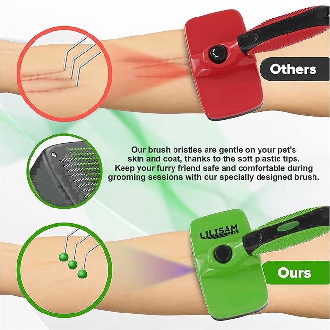 Pet Self Cleaning Slicker Brush and Grooming Comb - Gently Removes Loose Hair, Tangles, and Dirt - Skin Friendly Deshedding Grooming Tool for Hair Dogs &amp; Cats - Pet Supplies Accessories (Green)