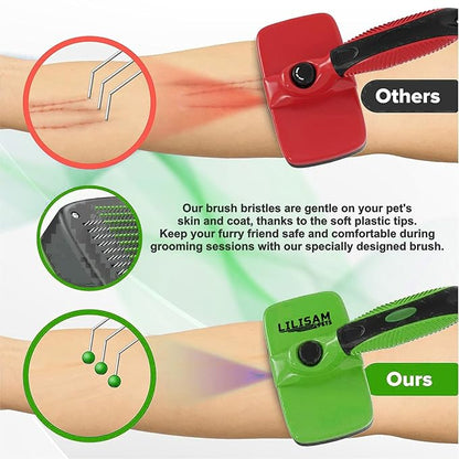 Pet Self Cleaning Slicker Brush and Grooming Comb - Gently Removes Loose Hair, Tangles, and Dirt - Skin Friendly Deshedding Grooming Tool for Hair Dogs &amp; Cats - Pet Supplies Accessories (Green)