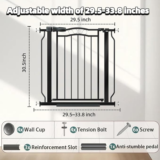 29.53"-33.85" Mornyray Auto-Close Baby Gate Extra Wide, Pressure Mounted Dog &amp; Pet Gate for Stairs Doorways, No Drill Safety Barrier with Lace Design, Metal Child Proof Gate Indoor Outdoor, Black