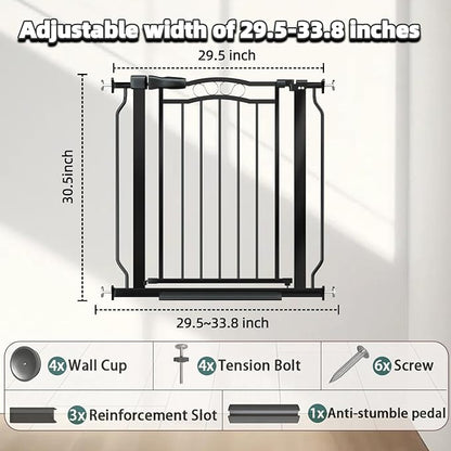 29.53"-33.85" Mornyray Auto-Close Baby Gate Extra Wide, Pressure Mounted Dog &amp; Pet Gate for Stairs Doorways, No Drill Safety Barrier with Lace Design, Metal Child Proof Gate Indoor Outdoor, Black