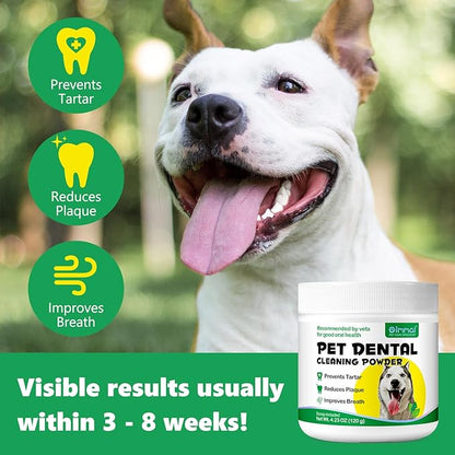 Dog Dental Powder, 120g Teeth Cleaning Powder for Dogs, Breath Freshener with Probiotics Improve Bad Breath, Remove Plaque &amp; Tartar - Pets Dental Care Supplement for Dogs - 4.23 OZ/Scoop Included
