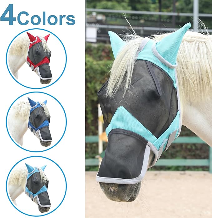 Horse Fly Mask with Ears &amp; Long Nose Cover | Forelock Opening for Tangle-Free Mane Care | UV Protection &amp; Breathable Mesh | No Rub Fit and Enhanced Visbility for Trail Riding Turquoise Pony