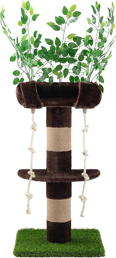 SHA CERLIN 55 Inches Cat Tree Tower with Leaves/Cozy Perches with Scratching Post for Indoor Kittens and Adults Cats/Sisal Rope and Simulated Lawn with Wide Base/Brown &amp; Green