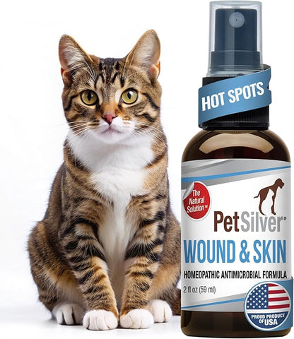 PetSilver Wound &amp; Skin Spray for Cats - Chelated Silver, Superior to Colloidal Silver - Wound Care, Allergy &amp; Itch Relief, Hot Spot Treatment for Cats - Natural Skin Soother - Made in USA - 2 fl oz