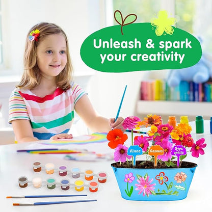 IELEK Paint &amp; Plant Growing Flower Garden Kit for Kids - Arts and Crafts Gardening Set Easter Gifts Kit for Girls &amp; Boys Ages 5, 6, 7, 8, 9, 10, 11 &amp; 12 Year Old