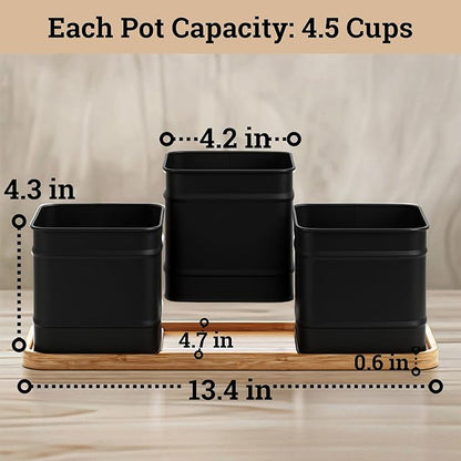 Herb Planter Indoor - 3 Iron Herb Pots with Drainage Holes, Varnished Bamboo Tray, Customizable Labels &amp; Marker Pen - Indoor Herb Garden Planter - 3 Pots for Herbs - Inside Spice Garden - Basil Pot