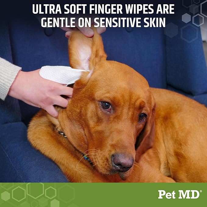 Pet MD Ear Finger Wipes for Dogs - Extra-Coverage and Large Design - with Eucalyptus and Aloe Vera for Dogs - Pet Ear Cleaning Finger Wipes &amp; Puppy Ear Cleaner - 50ct