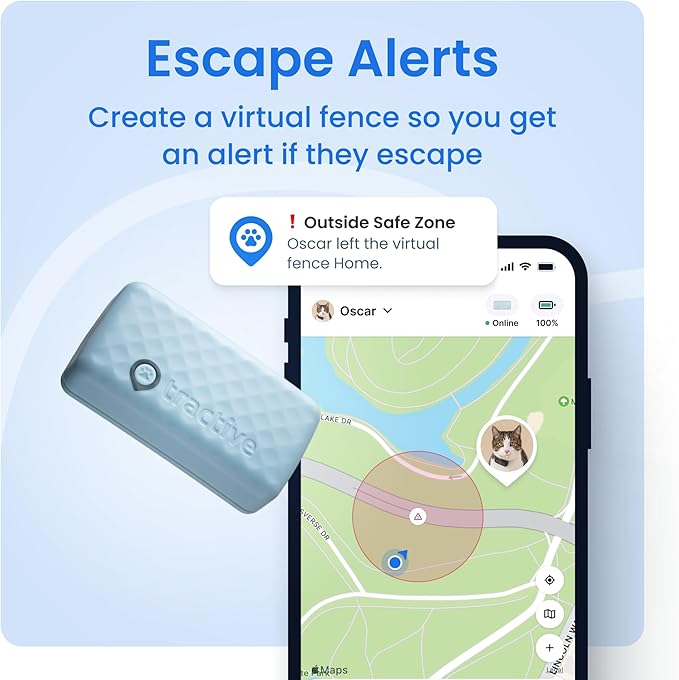 Tractive Smart Cat GPS Tracker | Real-Time Location &amp; Wellness Monitoring for Cats 6.5 lbs+ | Territory &amp; Location History | Up to 5-Day Battery | Breakaway Collar Included (Mint)