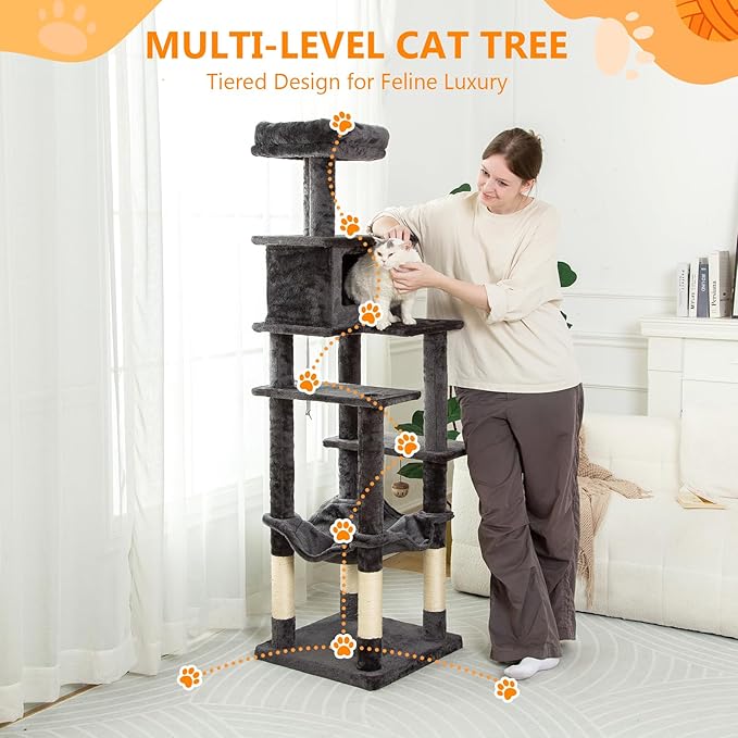 KITTY KINGDOM 65in Large Cat Tree Condo Furniture for Indoor Kitties, Multi-Level Cat Tower with 4 Scratching Posts, Cat Cave, Hammock, Perch &amp; Reinforced Base, Plush Gray