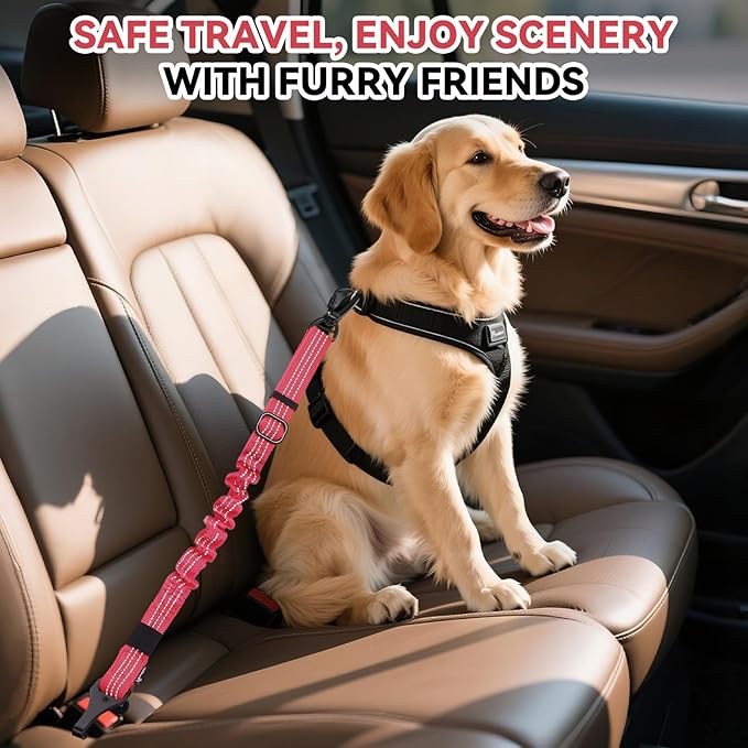 Pawaboo Dog Seatbelt for Car, 3-in-1 Dog Seat Belt Bungee, Shockproof Dogs Tether for Car with Buckle &amp; Hook Latch, Adjustable Reflective Dogs Cars Harness Leash with 360° Lockable Buckle, Red