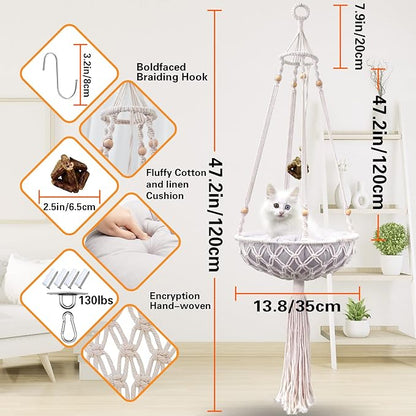 Macrame Hammock, Handwoven Boho Cat Swing with Hanging Kit for Indoor Outdoor Home Decor Hang on Wall Bed for Sleeping, Playing, Climbing and Lounging