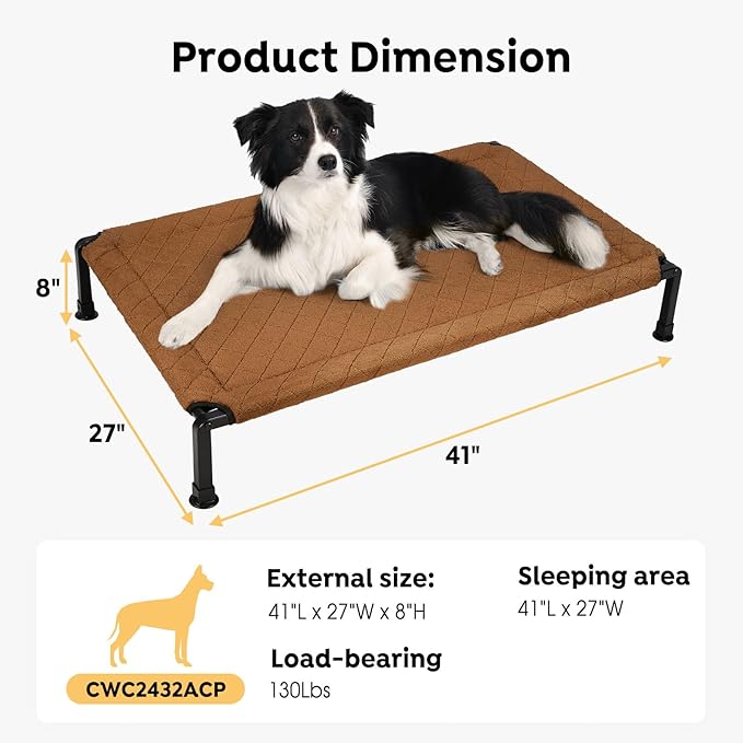 Veehoo Soft Plush Elevated Dog Bed, Raised Dog Beds with Heavy Duty Frame, Non-Slip Silicon Feet, Washable &amp; Breathable Pet Cot for Indoor or Outdoor Use, 41" x 27", Brown, CWC2432A