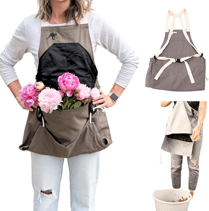 Roo Gardening Apron with Pockets &amp; Harvesting, Picking Pouch - Adjustable, Water-resistant, Washable Canvas Cotton