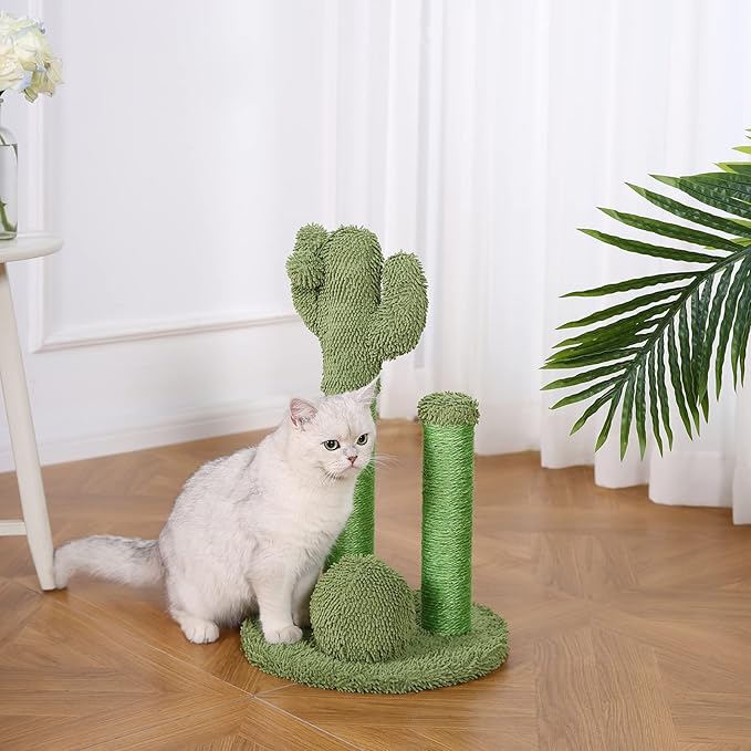 Amazon Basics Cat Scratcher - Indoor Cactus Triple Posts Cat &amp; Kittens Scratching Post with Dangling Ball, Small (22.4"H) - Green
