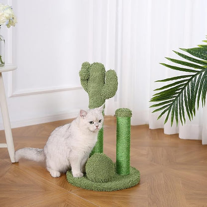 Amazon Basics Cat Scratcher - Indoor Cactus Triple Posts Cat &amp; Kittens Scratching Post with Dangling Ball, Small (22.4"H) - Green