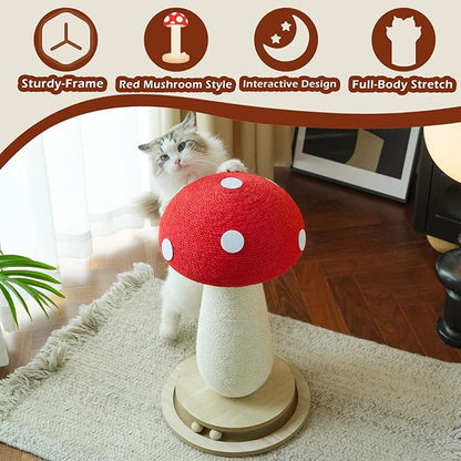 Cat Scratching Post Mushroom Cat Tree with Natural Sisal, Weighted Base &amp; Interactive Ball - for Kittens to Adult Cats - Perfect for Indoor Cats (Red, Large 21 in, 7)