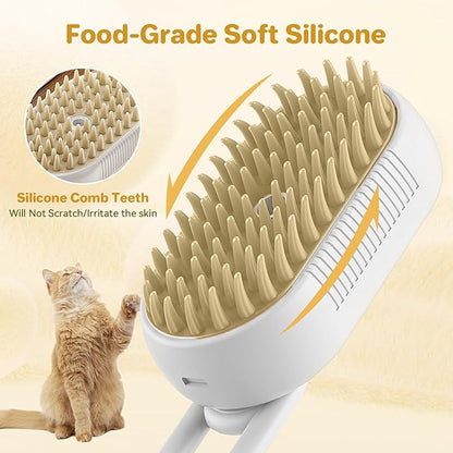 LunaSync Cat Steam Brush for Shedding, 4 in 1 Rechargeable Pet Grooming Brush for Cats and Dogs, Anti-Static Deshedding Tool with Massage &amp; Cleaning, Comb for Long Short Hair - White