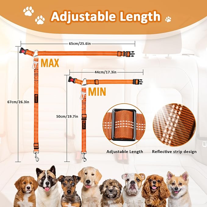 Removable Dog Seat Belt Harness for Car, 3 in 1 Pet Dog Car Seatbelt Leash, Retractable Restraint Secures to Vehicle Headrest &amp; Adjustable Reflective Bungee Dog Seatbelt Tether,Orange