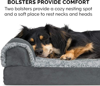 Furhaven Cooling Gel Dog Bed for Large Dogs w/ Removable Bolsters &amp; Washable Cover, For Dogs Up to 125 lbs - Two-Tone Plush Faux Fur &amp; Suede L Shaped Chaise - Stone Gray, Jumbo Plus/XXL