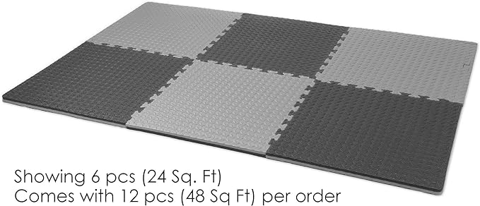 Xspec 1" Extra Thick 48 sq ft Reversible EVA Gym Foam Floor Mat Tiles (24" x 24"), Steel Pattern, 12 pcs, Black &amp; Grey