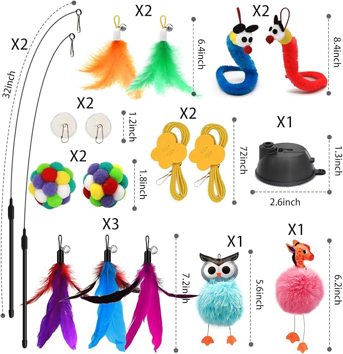 4-in-1 Interactive Cat Toys Set with Suction Cup Wand, Hanging Cat Toys, Fishing Pole Cat Wand &amp; Kitten Balls- Includes Variety Replaceable Worms, Feathers for Indoor Bored Cats for Exercise