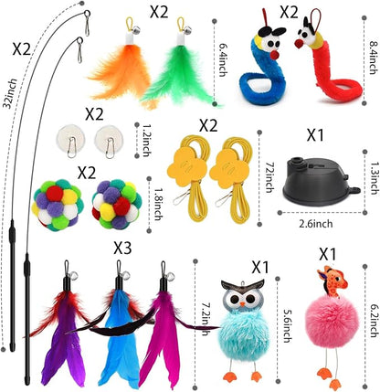 4-in-1 Interactive Cat Toys Set with Suction Cup Wand, Hanging Cat Toys, Fishing Pole Cat Wand &amp; Kitten Balls- Includes Variety Replaceable Worms, Feathers for Indoor Bored Cats for Exercise