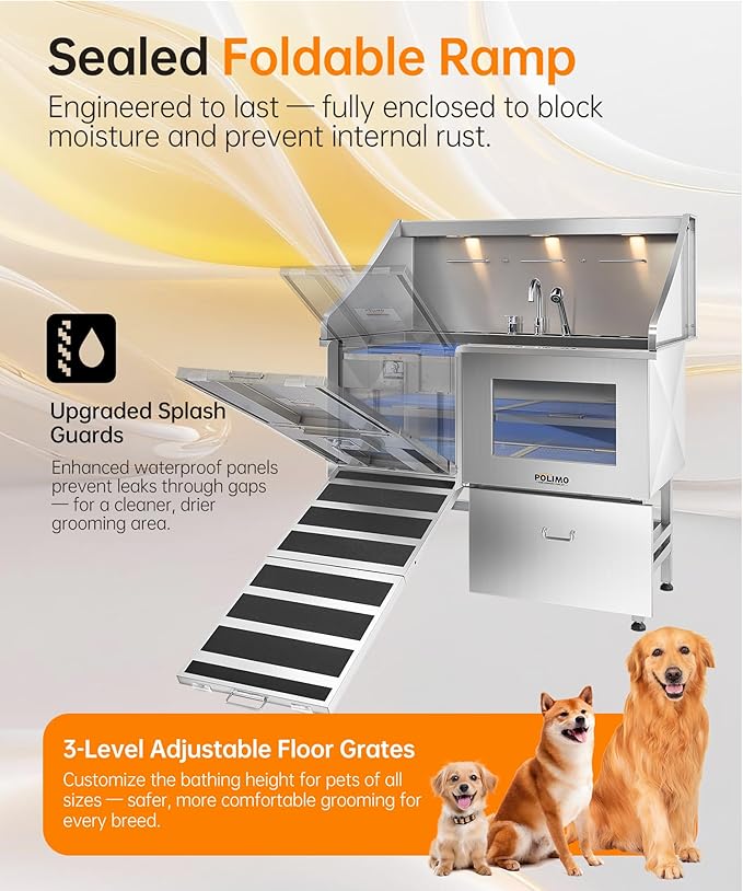 polimo Dog Washing Station, LED Professional Stainless Steel Dog Bathing Station 50", Dog Grooming Tub for Large, Medium &amp; Small Dog - with Window, Ramp, Drawer, Floor Grate &amp; Faucet (Left RAMP, 50")