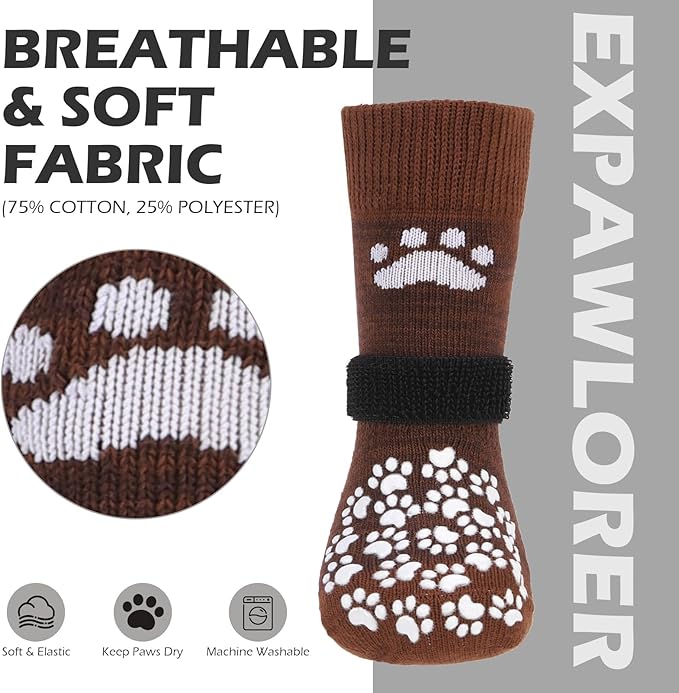 EXPAWLORER Anti Slip Dog Socks to Prevent Licking Paws, Dog Shoes for Hot Pavement, Dog Booties for Small Medium Large Senior Dogs, Traction Control Boots &amp; Paw Protectors for Hardwood Floors Coffee