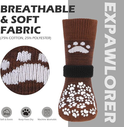 EXPAWLORER Anti Slip Dog Socks to Prevent Licking Paws, Dog Shoes for Hot Pavement, Dog Booties for Small Medium Large Senior Dogs, Traction Control Boots &amp; Paw Protectors for Hardwood Floors Coffee