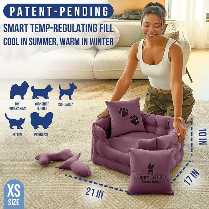 Luxury Dog Bed Chesterfield – Handcrafted Velvet Throne for Dogs | Joint Support, Calming &amp; Temp-Regulating Comfort | Durable 5+ Years, Anti-Claw, Washable 100+ Times – XS, Purple